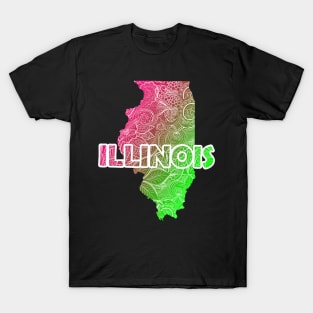 Colorful mandala art map of Illinois with text in pink and green T-Shirt